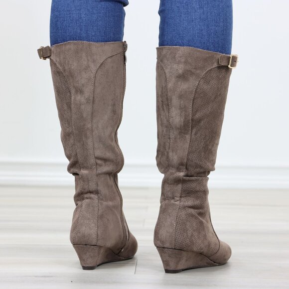 Taupe Faux Suede Round Toe Low Kitten Wedge Heel Mid Calf Boots - Picture 4 of 13